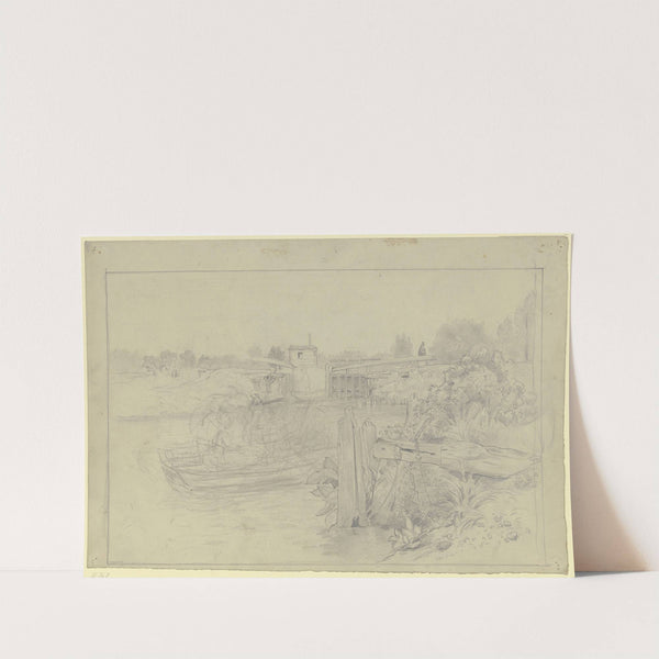 Flusslandschaft mit Ruderbootpartie und Schleuse by Otto Scholderer