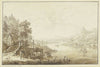Flusslandschaft, rechts ansteigendes Gebirge, links ein Haus mit einer Brücke, bei der ein Boot landet