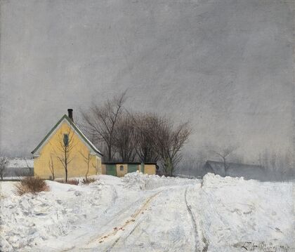 Foggy Winter Day. To the Left a Yellow House. Deep Snow. (1910)
