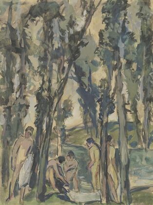 Forest stream with bathing people