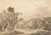 Forested River Bank, Hill Town and Mountain Peaks in Distance