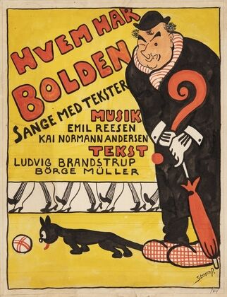 ForlÃ¦g til titelblad til ‘Hvem har Bolden’. Karikeret portrÃ¦t af Carl Alstrup