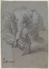 Foroverbøjet mand med et brændeknippe i armene, vendt mod venstre