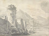 Fortified Buildings rising Steeply from a River Bank with Boat centre and distant Mountains