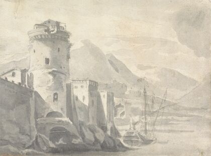 Fortified Buildings rising Steeply from a River Bank with Boat centre and distant Mountains