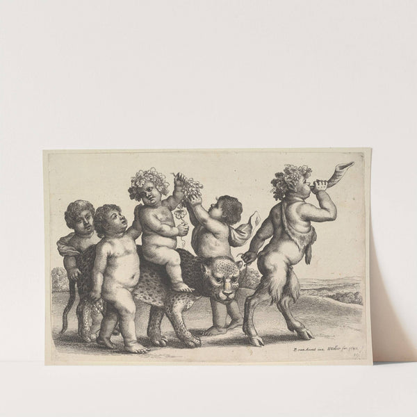Four boys, a young satyr, and a leopard (1647) by Wenceslaus Hollar