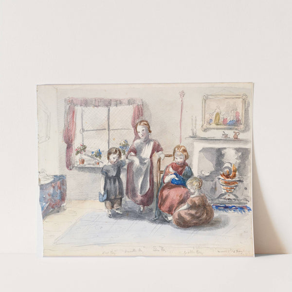Four Children in an Interior with a Kettle Boiling on an Open Fire by Louisa Taylor