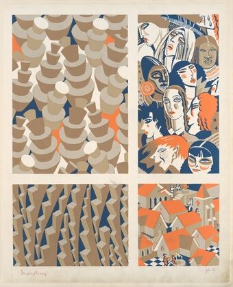 Four compositions ; geometric (two), faces in a crowd, urban view