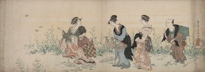 Four girls and a servant enjoying wild flowers and butterflies (1787)