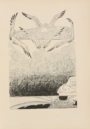 Four gull-winged Djinns lifting up Suleiman-bin-Daoud’s palace