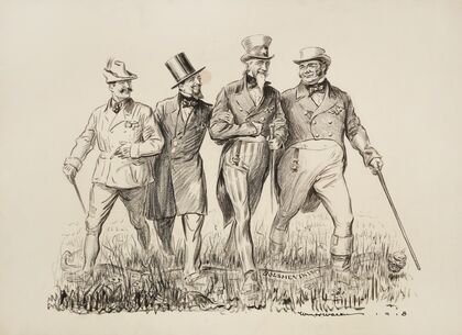Four men walk happily together through a field, including Uncle Sam and a man representing Great Britain (1919)