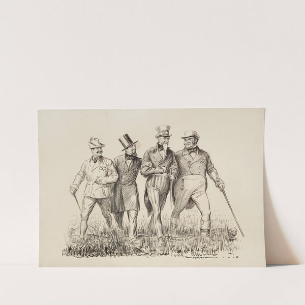 Four men walk happily together through a field, including Uncle Sam and a man representing Great Britain (1919) by William Henry Walker