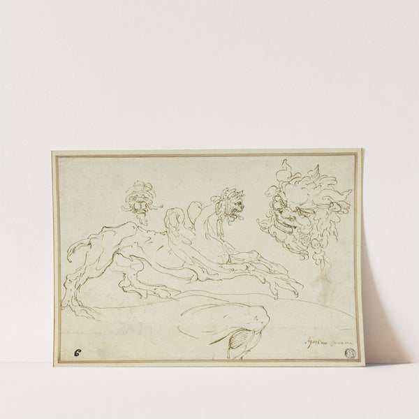 Four Sketches; Griffin, Grotesque Head, Head of Satyr, Bent Leg by Agostino Carracci