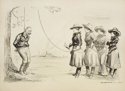 Four women dressed in Western clothes prepare to hang a bound Kaiser Wilhelm II from a tree (1918) — size preview