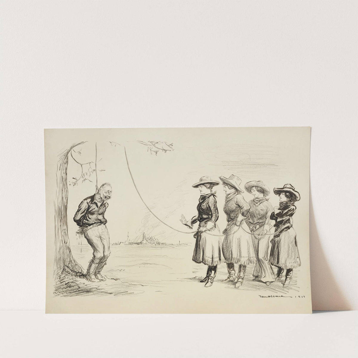 Four women dressed in Western clothes prepare to hang a bound Kaiser Wilhelm II from a tree (1918) by William Henry Walker