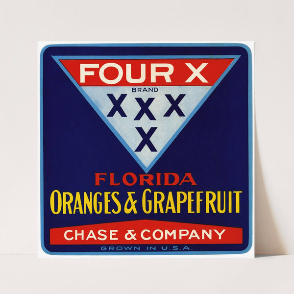 Four X Brand Florida Oranges and Grapefruit Label (1930-1950)