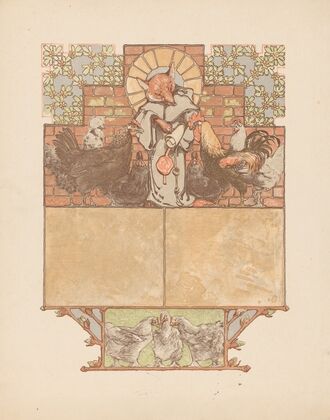 Fox in monk’s habit (Reinaert) surrounded by chickens and rooster (Cantecleer) (1910) — size preview