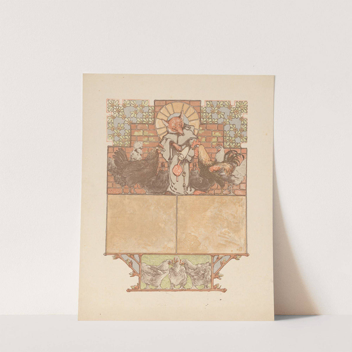 Fox in monk’s habit (Reinaert) surrounded by chickens and rooster (Cantecleer) (1910) by Bernard Willem Wierink