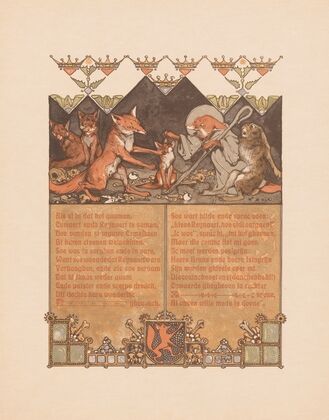 Fox in monk’s habit (Reinaert) with hare (Cuwaert) near fox (Hermeline) and cubs in fox den (1910)
