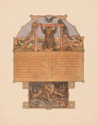 Fox (Reinaert), bear (Bruun), cat (Tybeert) and raven (Tiecelijn) at the gallows (1910)