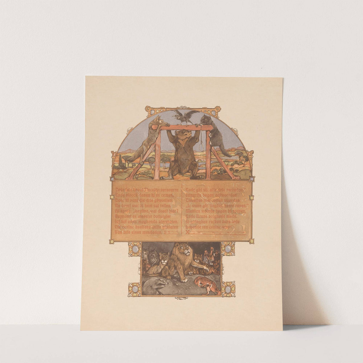 Fox (Reinaert), bear (Bruun), cat (Tybeert) and raven (Tiecelijn) at the gallows (1910) by Bernard Willem Wierink