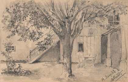 Fragment podwórza z rozłożystym drzewem w Alland (1882)