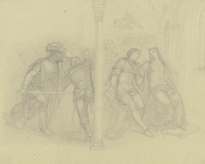 Francesca da Rimini mit ihrem Geliebten Paolo Malatesta, von links nähert sich ihr Ehemann Giovanni Malatesta mit gezogenem Schwert