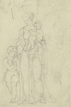 Frau im Renaissance-Habit mit einem Kind auf dem Arm und einem Jungen zu ihrer Rechten