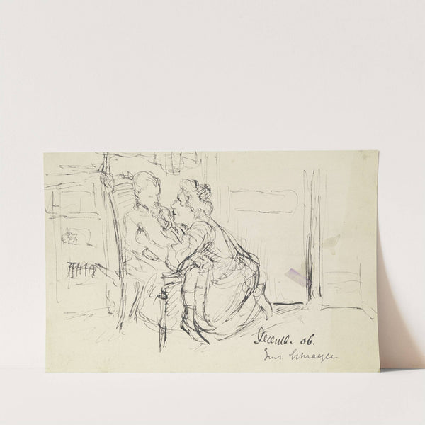 Frau kniet vor einem im Stuhl sitzendem Kind by Gustav Schraegle