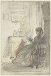 Frau mit einem Buch am Fenster sitzend