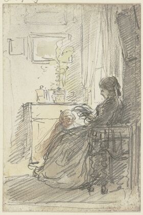 Frau mit einem Buch am Fenster sitzend