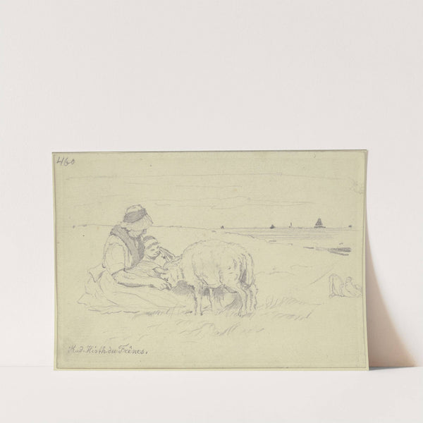 Frau mit Kind und Schaf am Strand by Rudolf Hirth du Frênes