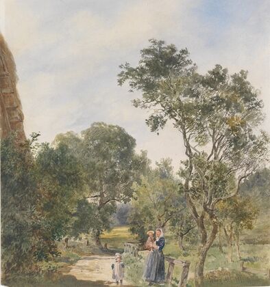 Frau mit zwei Kindern in einer Parklandschaft