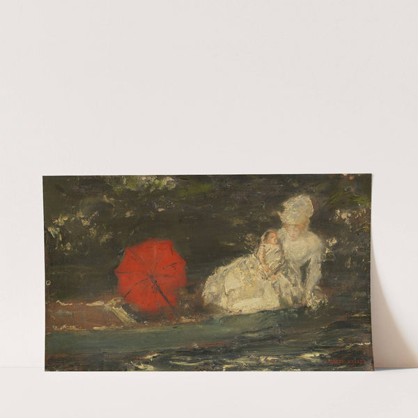 Frau und Kind im Freien mit rotem Parasol (Ca. 1870-1890) by Albert von Keller