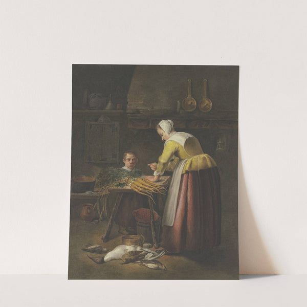 Frau und Kind in der Küche bei Karotten und Geflügel by Henricus Franciscus Wiertz