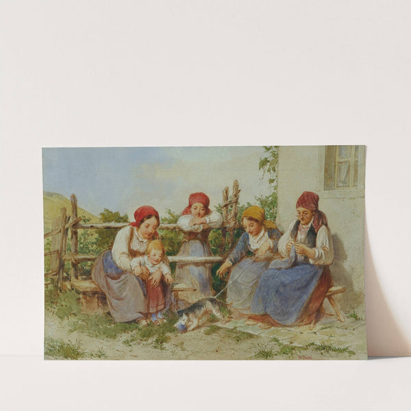 Frauen und Kinder mit spielender Katze by Heinrich Stohl