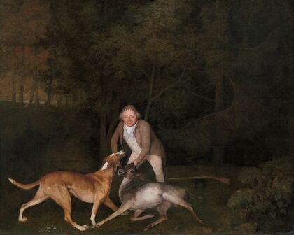 Freeman, the Earl of Clarendon’s gamekeeper, with a dying doe and hound — size preview