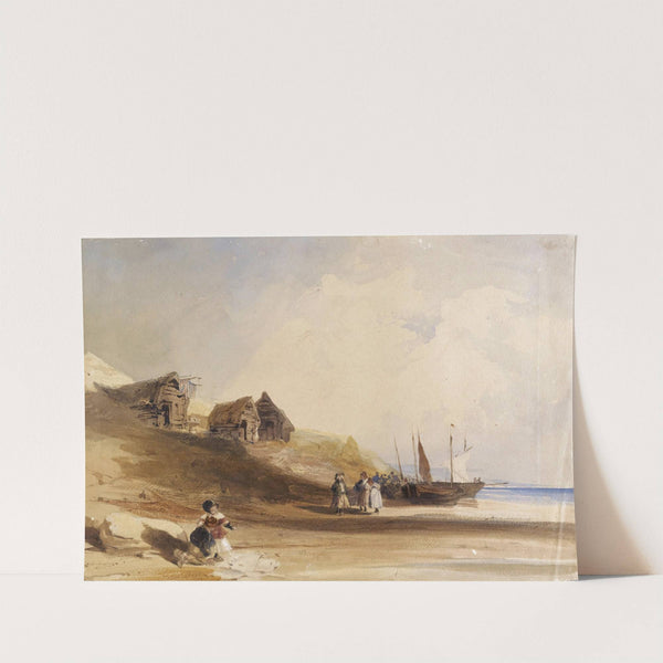 French coastal scene wtih figures, boats and fishing shacks by Thomas Shotter Boys