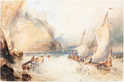 Fishing Boats off a Rocky Coast