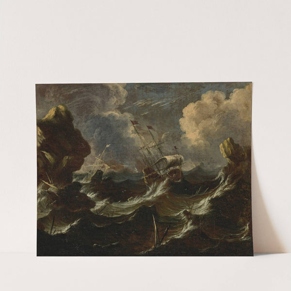 Frigates in a storm off a rocky coast by Antonio Marini