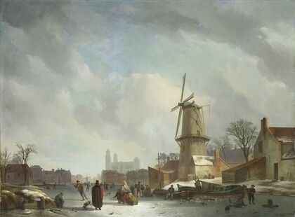 Frolicking on a Frozen Canal in a Town
