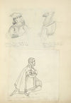 Front view of young man in hat; Back view of young man in hat; Man kneeling, in cape and breeches