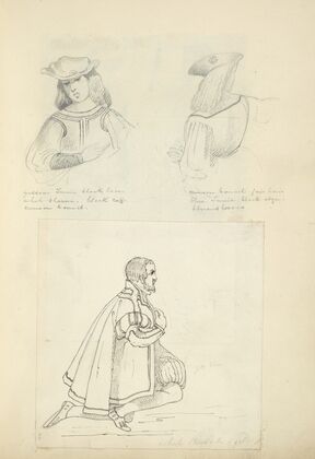 Front view of young man in hat; Back view of young man in hat; Man kneeling, in cape and breeches
