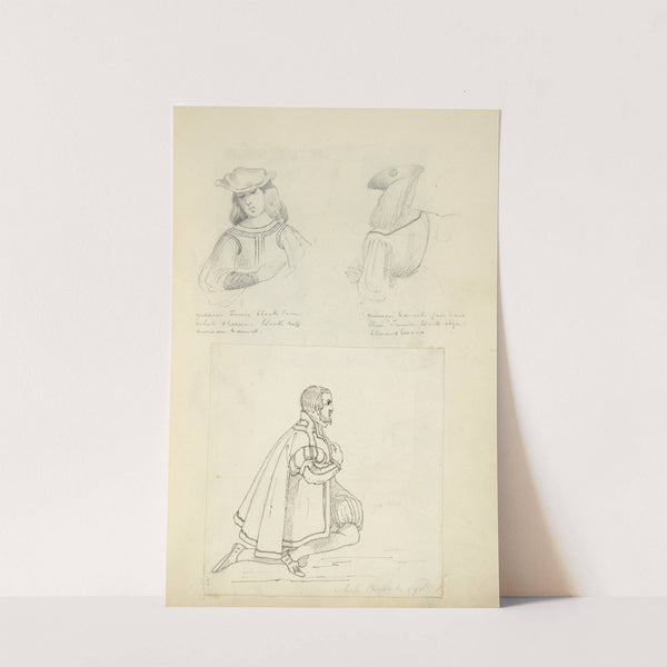 Front view of young man in hat; Back view of young man in hat; Man kneeling, in cape and breeches by Stewart Watson