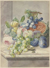 Fruchtstück mit einer aufgeschnittenen Melone und zwei Rosen, Trauben, Pfirsichen, Pflaumen und einer Walnuss
