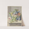 Fruchtstück mit einer aufgeschnittenen Melone und zwei Rosen, Trauben, Pfirsichen, Pflaumen und einer Walnuss by Paul Theodor Van Brussel