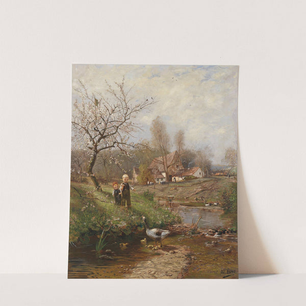Frühlingslandschaft mit zwei Kindern und Gänsen by Adolf Lins