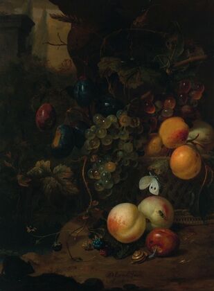 Fruit in a wicker basket, with a snail, a dragonfly and a mouse, on a rock, a landscape beyond — size preview