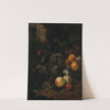 Fruit in a wicker basket, with a snail, a dragonfly and a mouse, on a rock, a landscape beyond by Jan Mortel