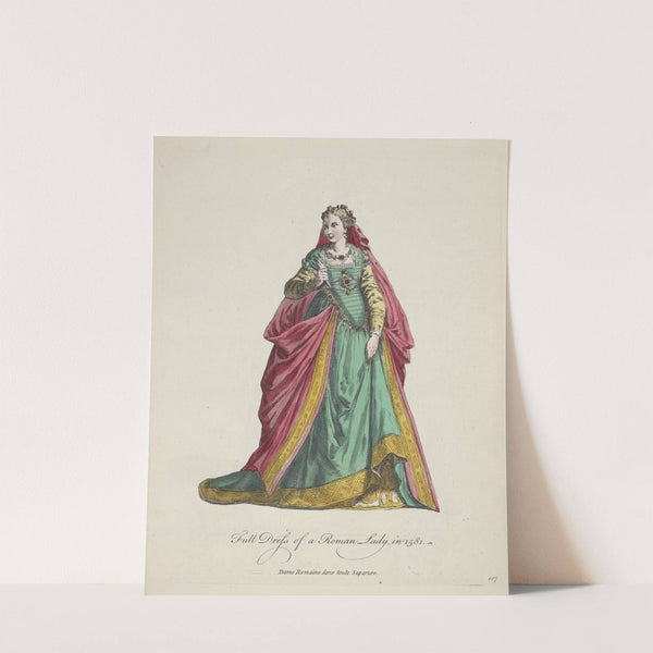 Full dress of a Roman lady in 1581. Dame Romaine dans toute saparure. (1757-1772) by Charles Grignion